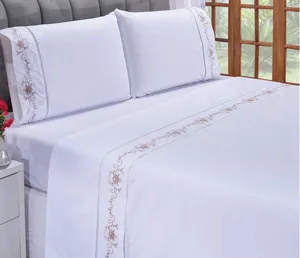 Jogo lençol Fluence quarto casal Queen bordado 4 peças 2fronha Branco com Caqui