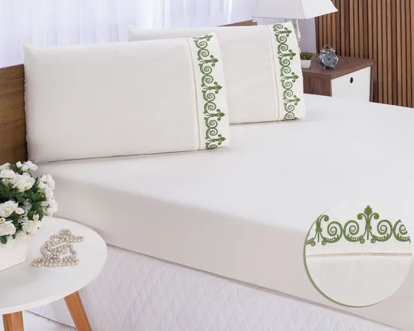 Jogo lençol quarto casal king bordado 3peças Palha com Verde