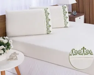 Jogo lençol quarto casal king bordado 3peças Palha com Verde