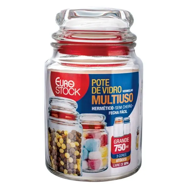 Pote de Vidro Multiuso Euro Home 750ml Vermelho