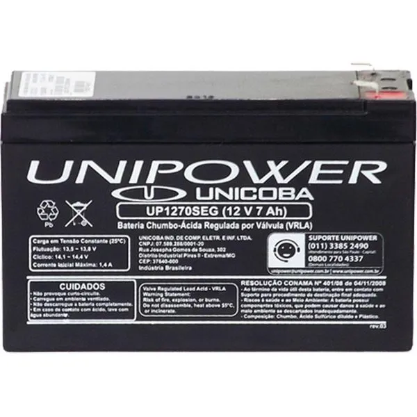 Bateria 12V 7A Selada Up1270 Seg Unipower