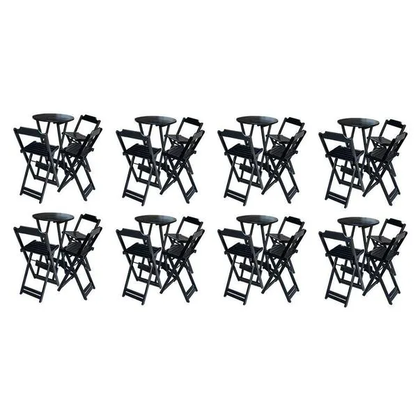 Kit 8 Jogos De Mesa Bistrô De Madeira Dobrável Com 3 Banquetas - Preto
