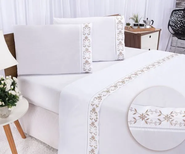 Jogo lençol Veneza quarto casal Queen bordado 4 peças 2fronha Branco com Caqui