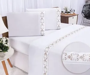 Jogo lençol Veneza quarto casal Queen bordado 4 peças 2fronha Branco com Caqui