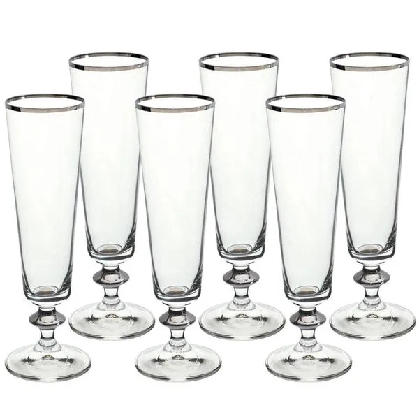 Conjunto de Taças para Champanhe Bohemia Bella Decorada 205 ml em Cristal Ecológico Platinum Rim – 6 Peças