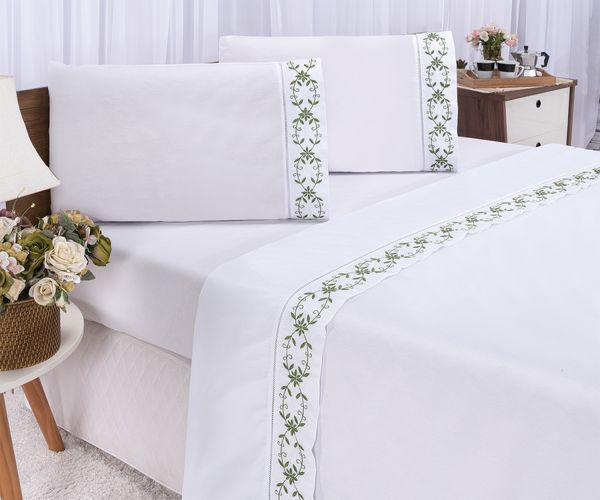 Jogo lençol Veneza quarto casal Queen bordado 4 peças 2fronha Branco com Verde Musgo
