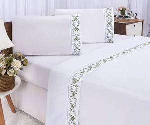 Jogo lençol Veneza quarto casal Queen bordado 4 peças 2fronha Branco com Verde Musgo