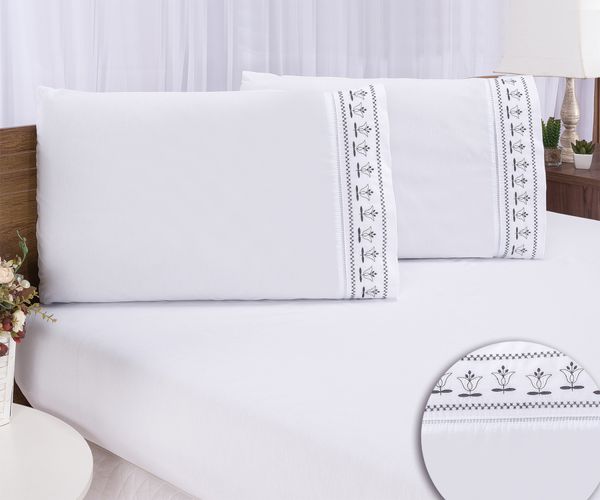 Jogo lençol king bordado 3 peças branco cinza tulipa quarto