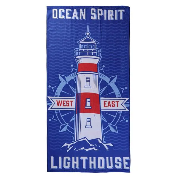 Toalha de Praia KazzaVip Microfibra 100% Poliéster Estampada Anti Areia Lighthouse 70cm x 140m Azul