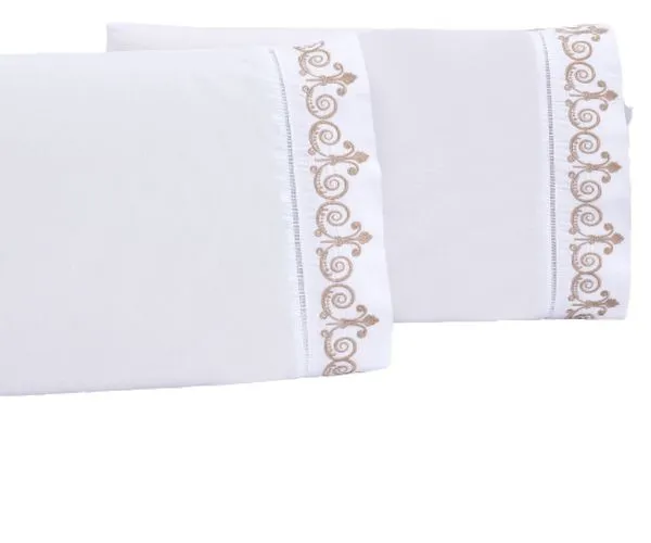 Jogo lençol queen quarto casal bordado 3 peças branco caqui