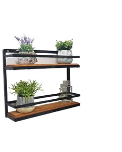 Prateleira Ferro Dupla Preta madeira 2 andares 40 cm altura