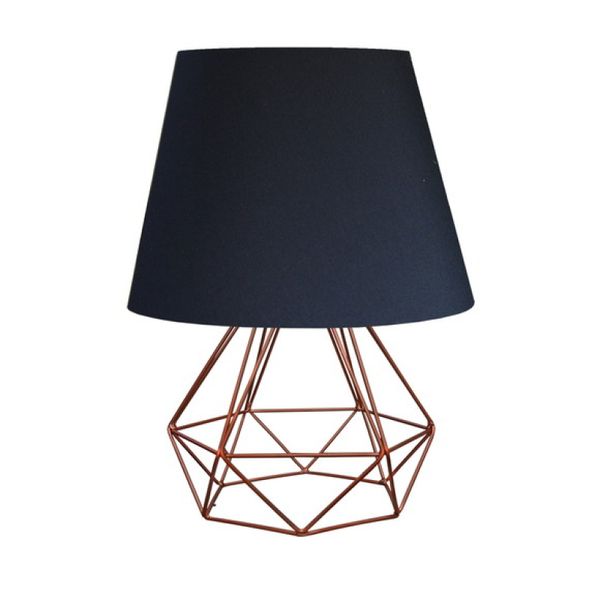 Abajur de mesa aramado diamante Preto cobre cúpula algodão