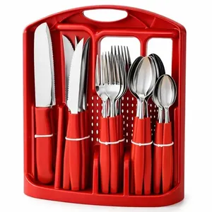 Faqueiro Inox 26 Peças Vermelho Jogo Talheres Cozinha Mesa Churrasco Completo