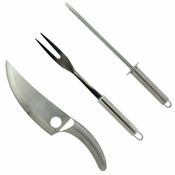 Kit Churrasco 3 Peças Faca Garfo Chaira Aço Inox Presente