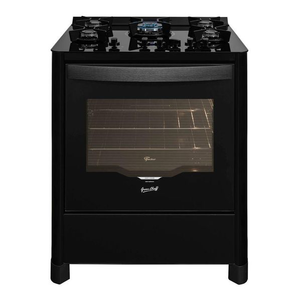 Fogão De Piso A Gás Fischer 5 Bocas TriplaChama GranCheff Trempe Ferro Fundido Mesa Vidro Preto 110V