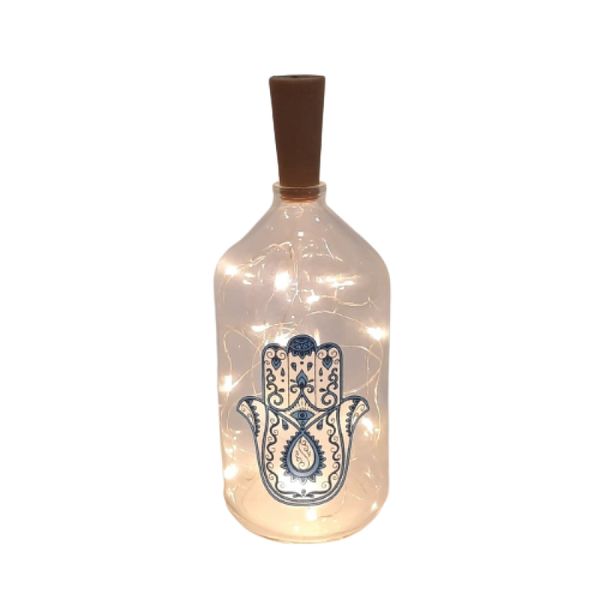 Garrafa decorada luminária Hamsá Azul