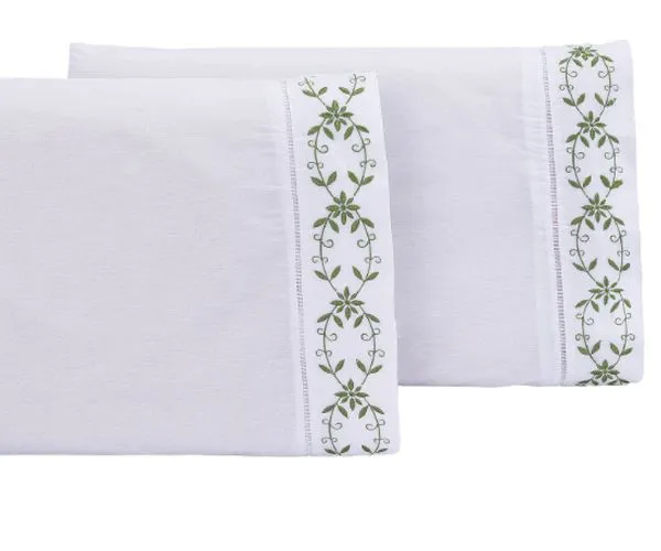 Jogo lençol Padrão casal bordado 3 peças branco Verde veneza