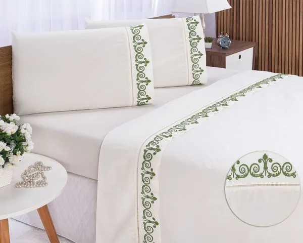 Jogo lençol Atenas quarto casal Queen bordado 4 peças 2fronha Palha com Verde Musgo