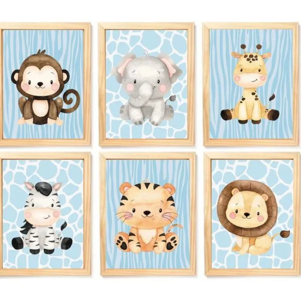 Quadro Infantil Safari 6 un A4 vidro e pendurador