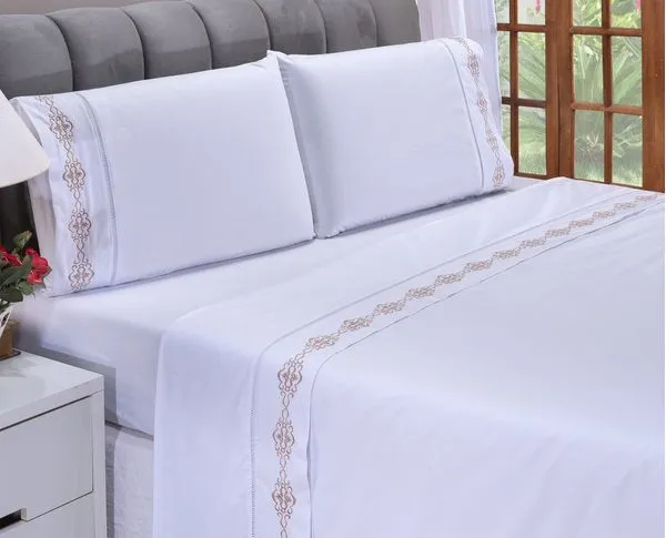 Jogo lençol Diamante quarto casal Queen bordado 4 peças 2fronha Branco com caqui