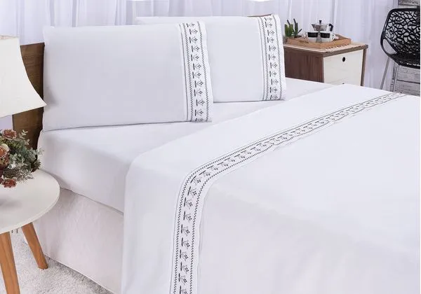 Jogo lençol Tulipa quarto casal Queen bordado 4 peças 2fronha Branco com Cinza