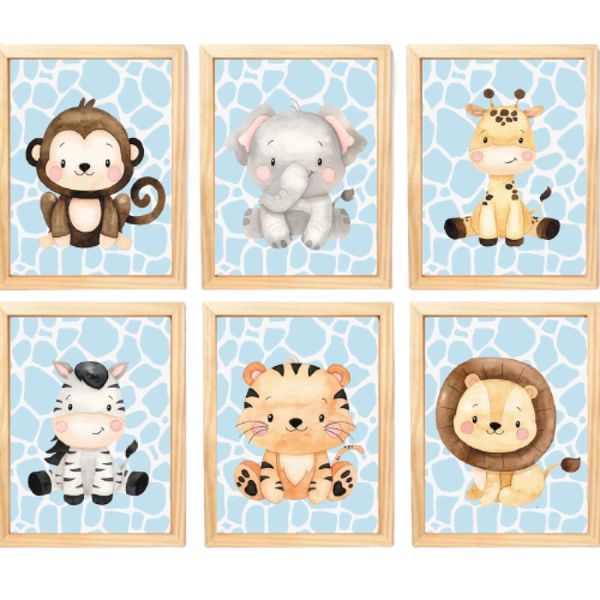 Quadro Infantil Safari 6 un A4 vidro e pendurador
