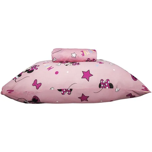 Jogo de Lençol KazzaVip Solteiro Malha Mista 70% Algodão e 30% Poliéster Estampado Disney Minnie Estrela Kids 2 Peças Rosa