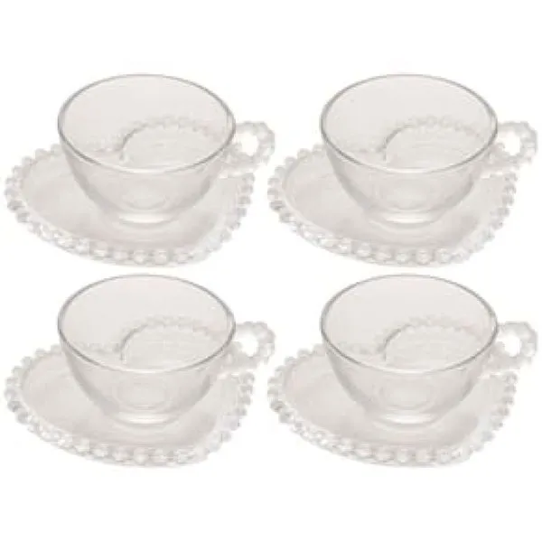 Conjunto com 4 Xícaras e Pires para Chá Wolff Pearl Coração em Cristal - 180 ml