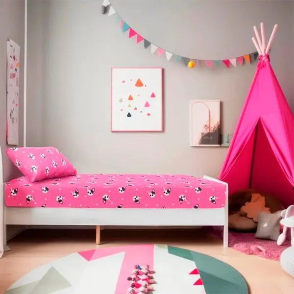 Jogo de Cama Solteiro Portallar Malha Misto Estampado Bulldog Frances 2 Pçs com Elastico Pink