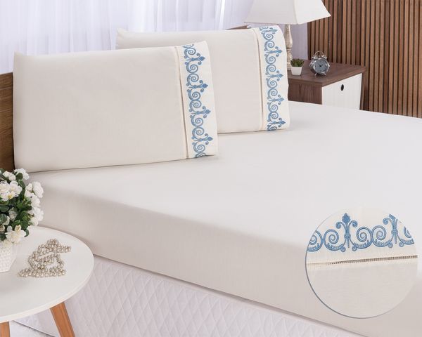 Jogo lençol quarto casal Padrão bordado 3pç Palha com Azul