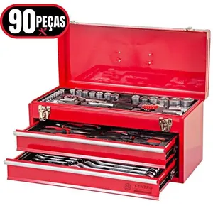 Baú Gabinete De Ferramentas Em Metal C/ 2 Gavetas + 90 Pçs