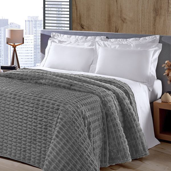 Manta KazzaVip Queen Microfibra 100% Poliéster Flannel Relevo Efeito Jacquard 260g/m2 Cinza