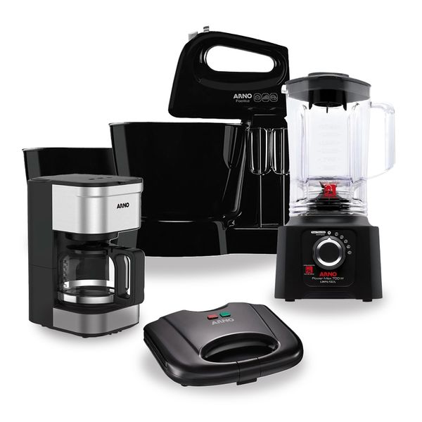 Kit Liquidificador LN60 com Cafeteira 18 Xícaras CFPF Sanduicheira Grill SACB e Batedeira SX16 Arno Preto 127V