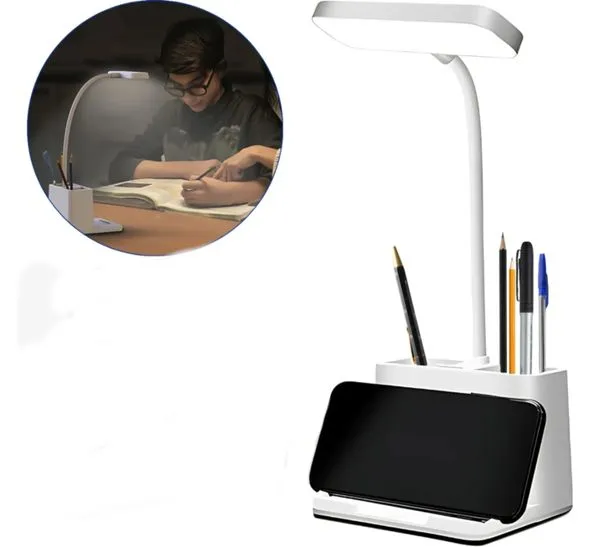 Luminária de Mesa LED Recarregável com Suporte para Celular - 3 Níveis de Luz, Porta Canetas