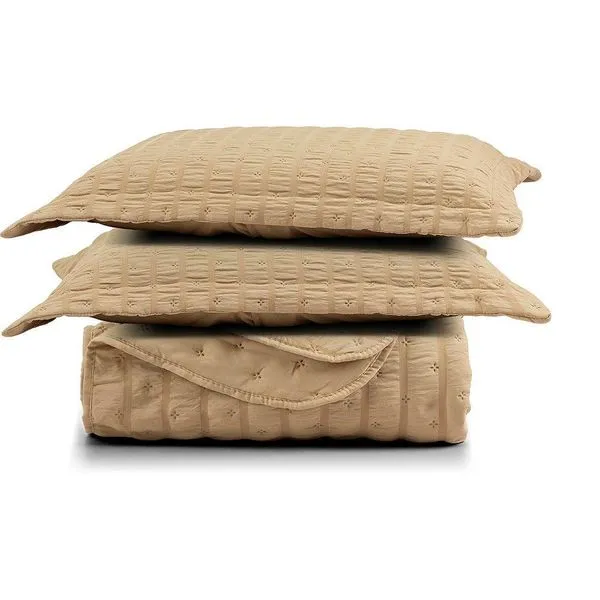 Kit Colcha Cobre Leito Scarpa Plissê l Seersucker 3 Peças Maciez E Leveza Textura Bege Mel