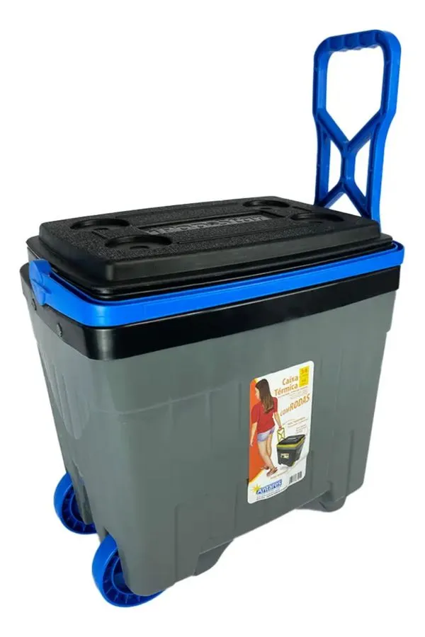 Caixa Térmica Cooler 34 Lt Com Rodinhas Pesca Camping Praia Cor Cinza