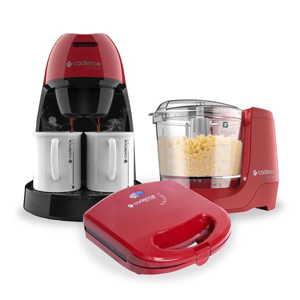Kit Cafeteira Elétrica 2 Xícaras CAF211 com Sanduicheira Grill SAN231 e Mini Processador MPR521 Cadence Vermelha 127V