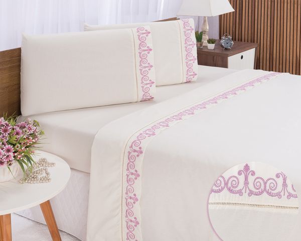 Jogo lençol Atenas quarto casal Queen bordado 4 peças 2fronha Palha com Rose