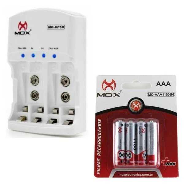 Carregador de Pilhas e Baterias com 4 Pilhas Aaa 1100 Mah