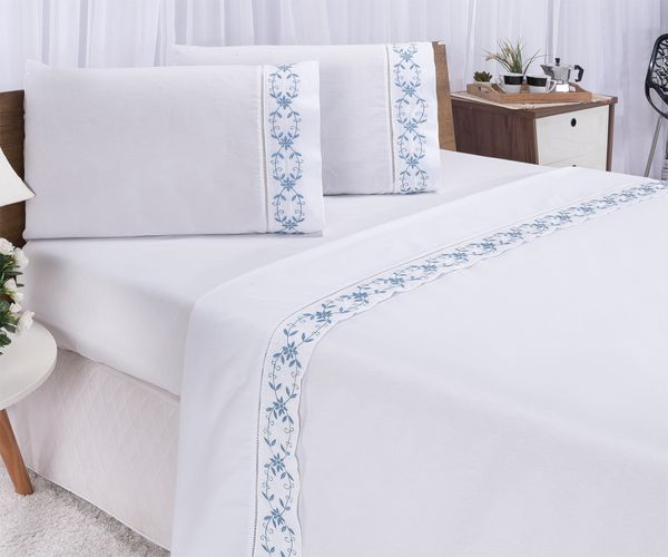 Jogo lençol Veneza quarto casal Queen bordado 4 peças 2fronha Branco com Azul