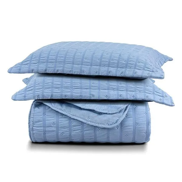 Kit Colcha Cobre Leito Scarpa Plissê l Seersucker 3 Peças Maciez E Leveza Textura Azul Mineral