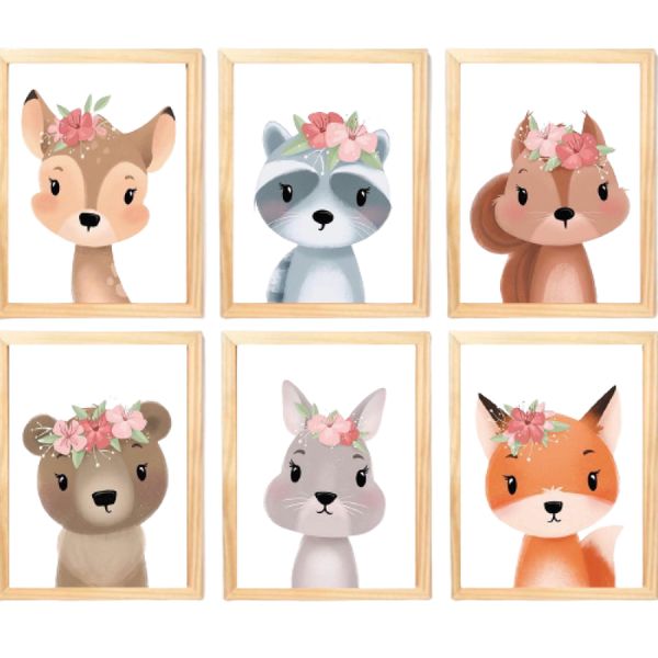 Quadro Infantil Safari Flor 6 un A4 vidro e pendurador