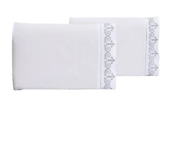 Jogo lençol quarto casal king bordado 3 peças branco cinza