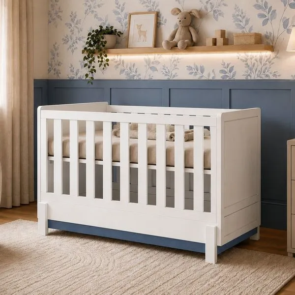 Berço 2 em 1 Multifuncional MDF Linha Luna Neve/Azul Petroleo