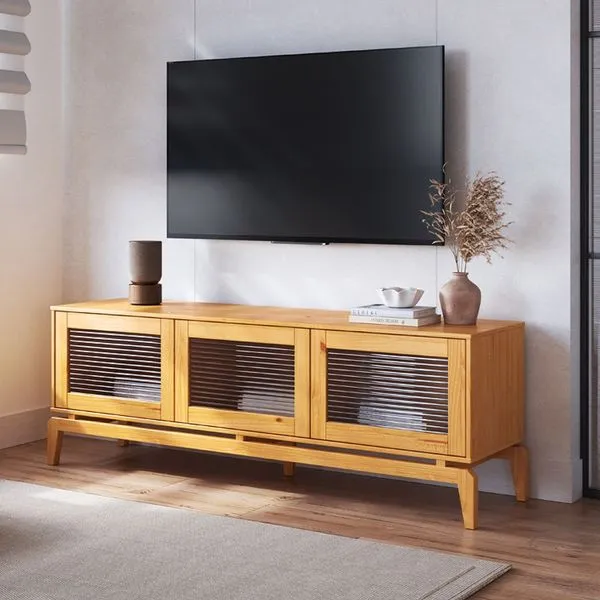 Rack para TV até 60 Polegadas 162cm Pés em Madeira Maciça Vidro Canelado Seiva CabeCasa MadeiraOriginals Marrom Amêndoa Amendoa