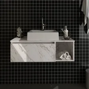 Gabinete Suspenso para Banheiro 80cm 1 Porta Basculante 1 Nicho Mármore Branco