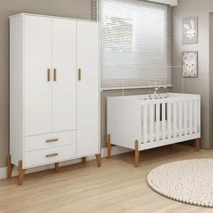 Quarto de Bebê com Guarda-roupa e Berço Mini Cama 100% Mdf Retrô Acetinado atóxico Liris Branco