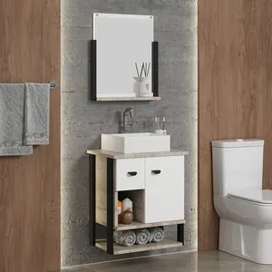 Gabinete Suspenso para Banheiro 54cm com Cuba em Mármore Sintético e Espelheira Denver Barrique/Br/Preto