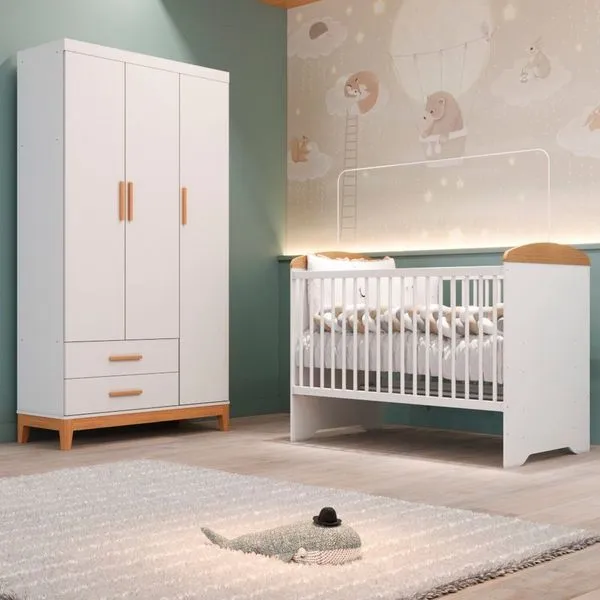 Quarto de Bebê Completo Berço Eloa 3 em 1 e Guarda-roupa 3 Portas Hellen Branco/Bétula