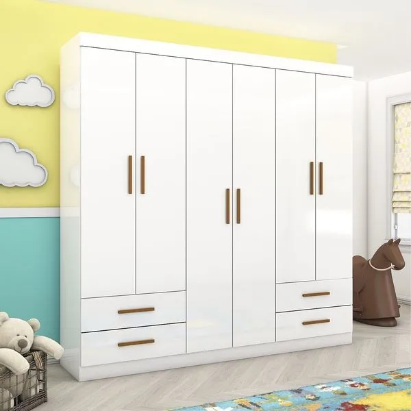 Guarda-roupa 6 Portas 4 Gavetas Infantil Perola Branco
